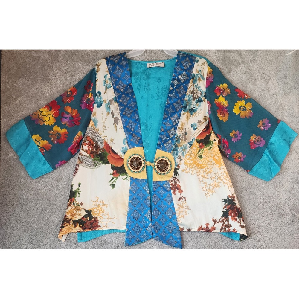 Sterling Styles Kimono Jacket Womens One Size Turquiose Beaded Medallion Vintage
